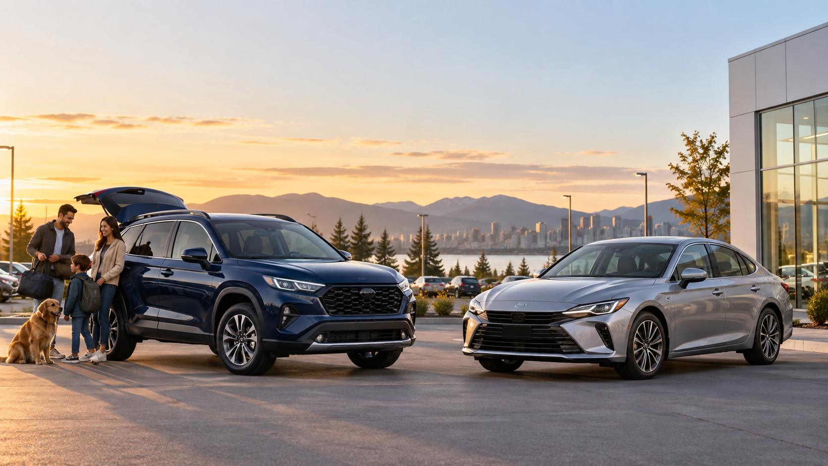Dark blue SUV beside a silver sedan at sunset, showing two vehicle options for family practicality and everyday city driving